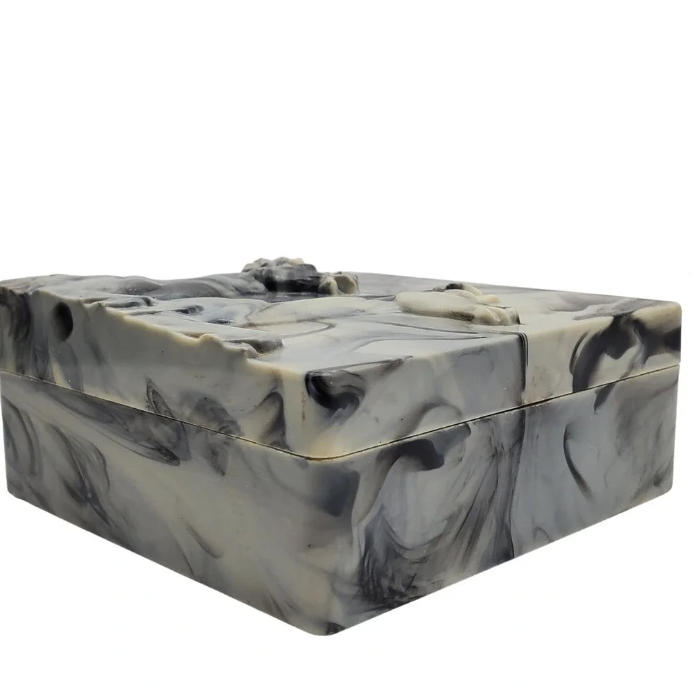 Hickok Trinket Box Gray Marbleized Acrylic Stag Deer Relief Vintage MCM Decor